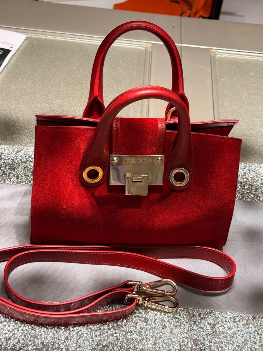 Jimmy Choo Red Suede Leather Tote Satchel Bag Gold Hardware